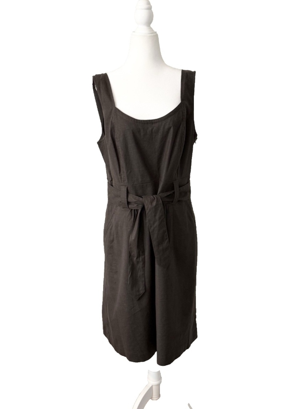Ann Taylor Linen Blend Dress Size 14 Brown Tie Waist Sleeveless Pockets NWT $99